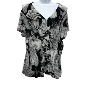 Lane Bryant Women Top 26/28 Crepe Pleated Paisley Ruffle Button Career Blouse‎